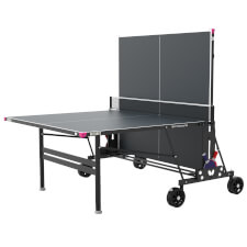 The Butterfly M5 Rollaway Outdoor tennis table in grey half closed.