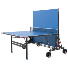 The Butterfly M5 Rollaway Outdoor tennis table in blue half closed.
