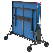 The Butterfly Spirit M4 Rollaway Outdoor Table Tennis Table, Folded in a Blue Finish