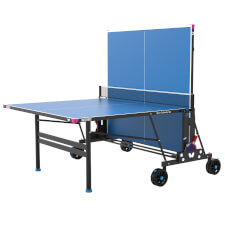 The Butterfly Spirit M4 Rollaway Outdoor Table Tennis Table, Half-Folded in a Blue Finish