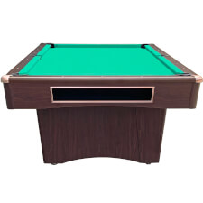 The Buffalo Eliminator III Pool Table in dark walnut and green cloth.