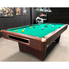 The Buffalo Eliminator III Pool Table in dark walnut and green cloth.