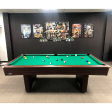 The Buffalo Eliminator III Pool Table in dark walnut and green cloth.