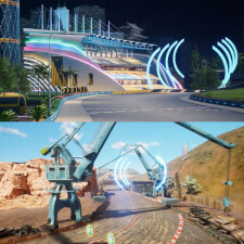 The Sega Storm Rider 2 Motion Twin arcade machine game scenes.