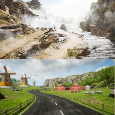 The Sega Storm Rider 2 Motion Twin arcade machine game scenes.