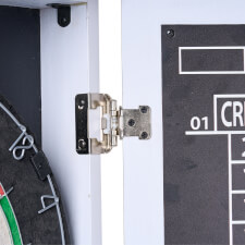 Strikeworth Premium Bristle Dartboard and LED iluminated cabinet detail.