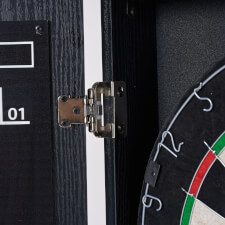 Strikeworth Premium Bristle Dartboard and LED iluminated cabinet detail.