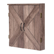 Strikeworth Premium Bristle Dartboard and LED iluminated cabinet in driftwood.