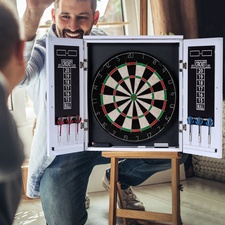 The Strikeworth Premium Darts Set with Intergrated Light & White Cabinet Finish.