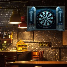 The Strikeworth Premium Darts Set with Intergrated Light & Driftwood Cabinet Finish.