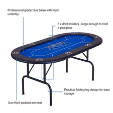 The Tekscore folding poker table features.