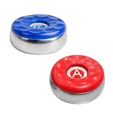 The Sun-Glo American Shuffleboard red and blue pucks.