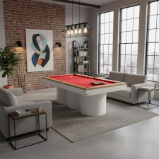 The Rome Slate Bed pool table in matte white finish and red cloth.