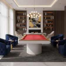 The Rome Slate Bed pool table in matte white finish and red cloth.