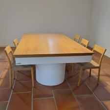 The Rome Slate Bed pool table in matte white finish and oak dining top.