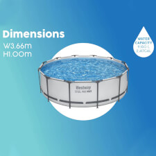 The Steel Pro Max 2 Pool Set dimensions and water capacity.