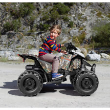 Kid enjoying Polaris Outlaw 330W Ride On Motorbike in Camo.