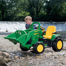 Kid Riding John Deere Ground Loader Electric Bulldozer.