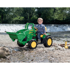 Kid Riding John Deere Ground Loader Electric Bulldozer.