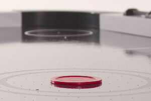 The playfield of a Tekscore air hockey table.